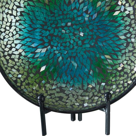 14" Green & Blue Glass Glam Decorative Plate with Stand